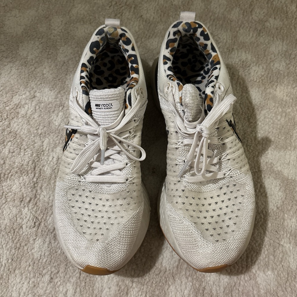 Nike Women’s White Knit Sneakers with Leopard-Print Lining